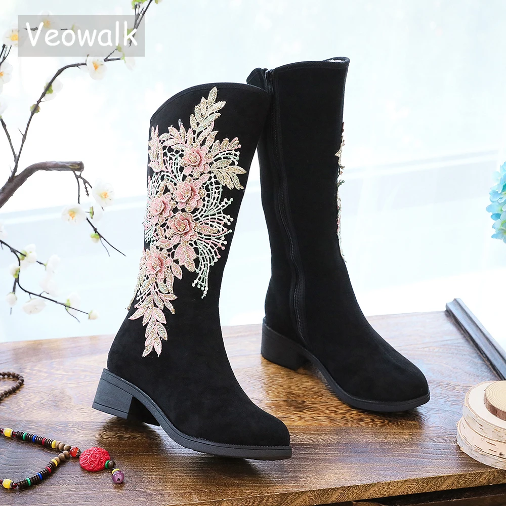 Veowalk Winter Women Cotton Fabric Warm Fleece Lined 4cm Block Heel Mid-Calf Boots Flower Embroidered Comfortable Shoes Black