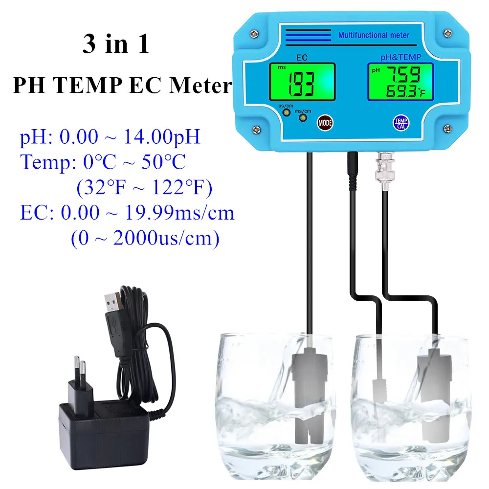 

3 in 1 PH TEMP EC Meter PH Tester Online Multi-parameter Water Quality Tester EC Detector Conductivity Monitor for Aquarium Pool