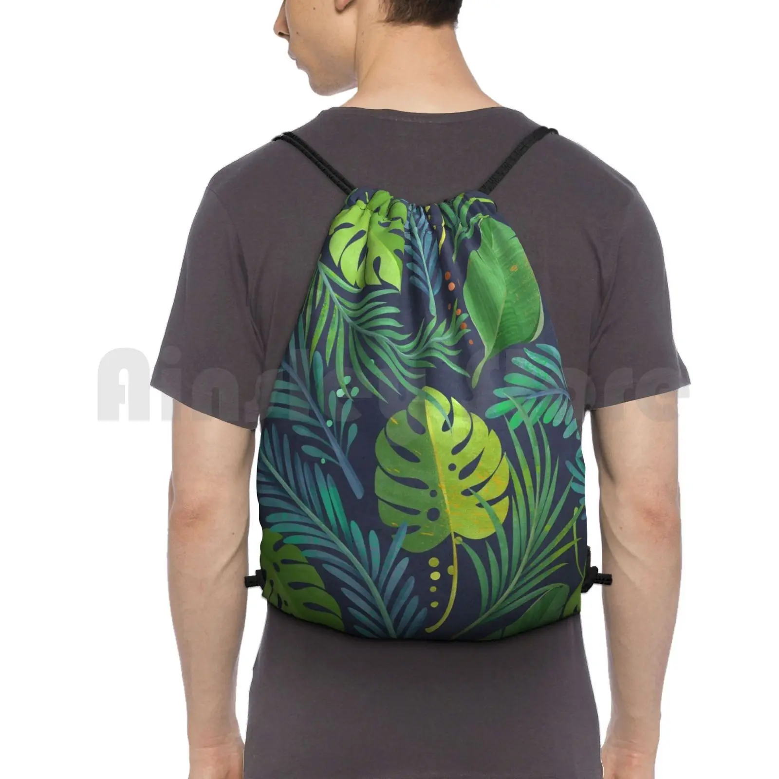 Rain Forest Backpack Drawstring Bag Riding Climbing Gym Bag  Tropical Rain Forest Palm Tree Banana Leaf Green Mint Teal Blue