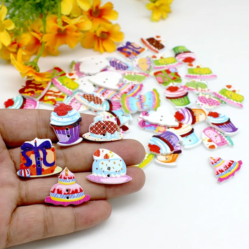 50pcs Mixed cake Wood Buttons Cartoon buttons For Scrapbooking Decorations And DIY craft accessorie