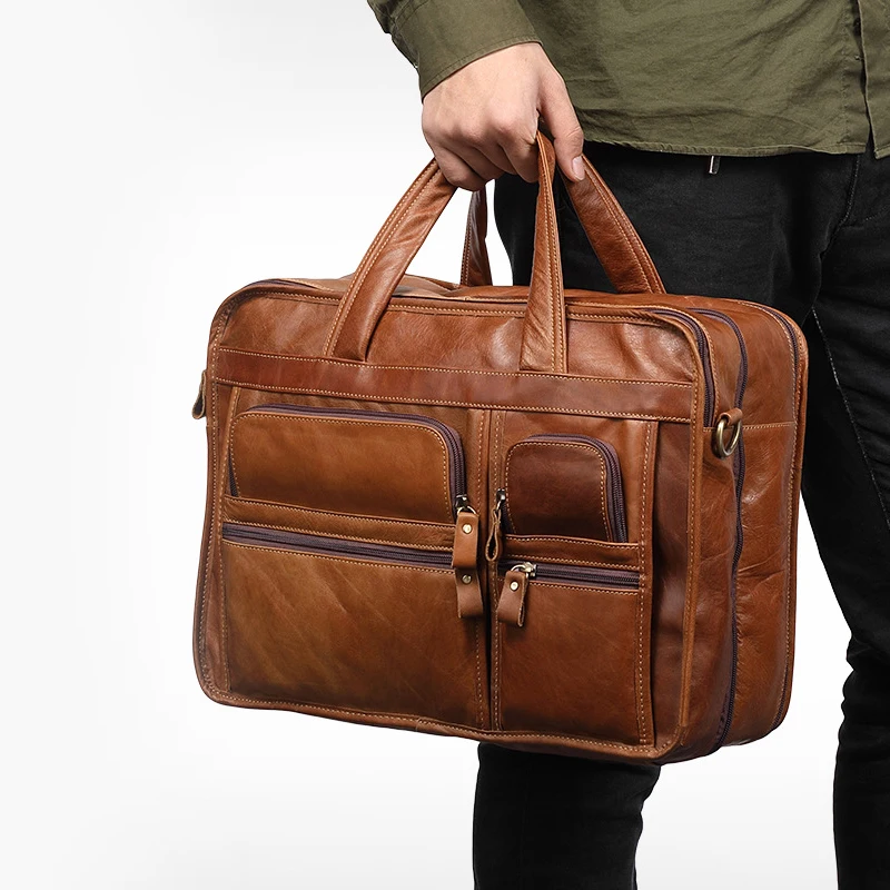 Laptop Shoulder Bags Large Men Genuine Leather Handbag Fashion Men\'s Functional Office Travel Messenger Bags Male 15.6 Inch