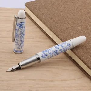 Fountain Pen Biru dan Putih Porselen Bunga Logam Medium Nib Tinta Pena untuk Menulis 6 pulpen bunga dengan penjualan terbaik - №