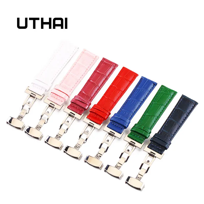 

UTHAI B08 Genuine Leather Watchbands 12-24mm Universal Watch Butterfly buckle Band Steel Buckle Strap Wrist Belt Bracelet + Tool