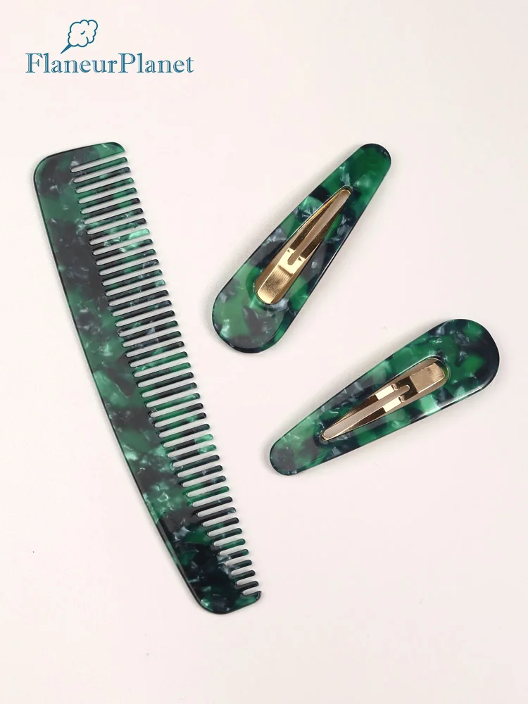 

FlaneurPlanet Vintage Malachite Mother of Pearl Acetate Comb and Hairpin Set Perfect Travel Kit