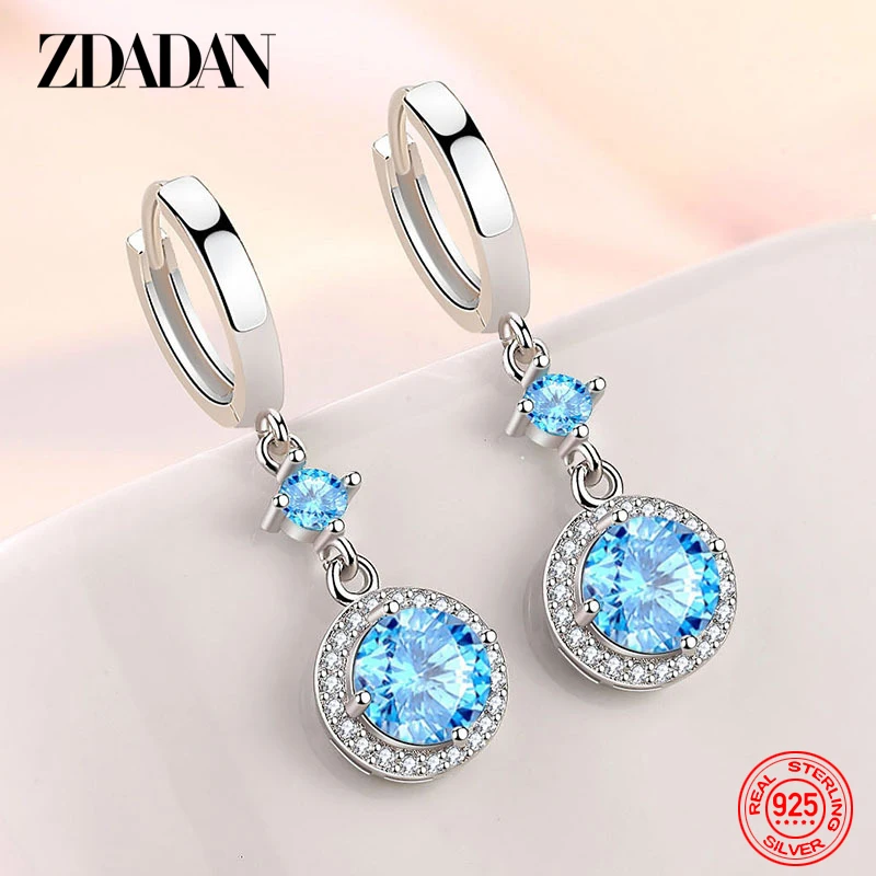 ZDADAN 925 Sterling Silver Geometric Blue Water Drop Earrings For Women Fashion Jewelry Wedding Gift