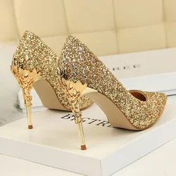 2023 Women 10cm High Heels Fetish Pumps Lady Glitter Sequins Gold Wedding Bride Heels Bling Luxury Brand Design Scarpins Shoes