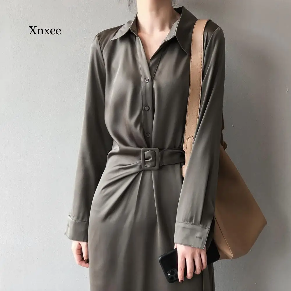 Elegant Stain Office Shirts Dress 2021 New Long Sleeve Single Breasted Chic Female Straight Dress Sashes Spring Summer Clothing