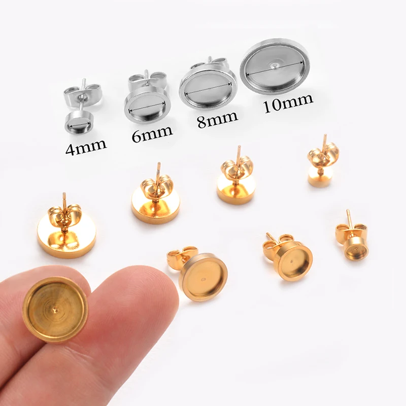 20pcs Stainless Steel Blank Base Round Tray Cabochon Setting Post Stud Earrings Fit for 4/6/8/10 mm Cabochon Earring Diy Jewelry