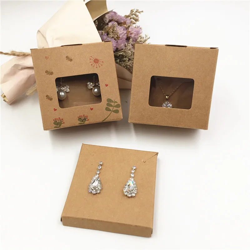 100Pcs 6.5x3.5x6.5cm Kraft Paper Set Jewelry Displays Boxes Necklace/Earring/Pendant Packaging Boxes With PVC Window Gift Boxes