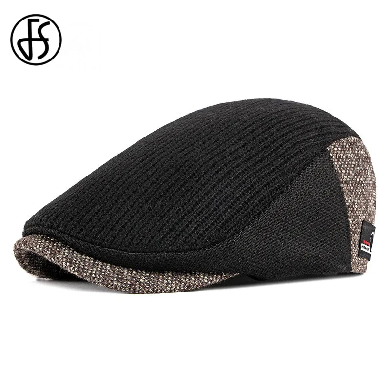 FS Cotton Beret Cap Black Spring Autumn Hat for Men Women Adjustable Ivy Newsboy Flat Cap High Quality Solid Knitted Hat Berets