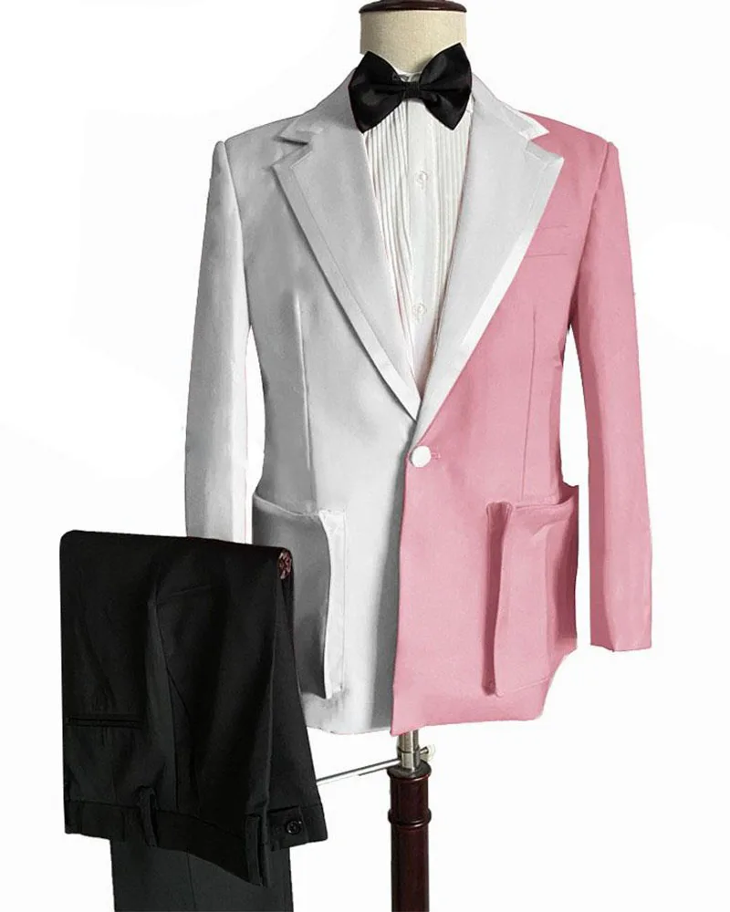 2pcs White Stitching Pink Coat Man Suit Groom Men Wedding Tuxedo Custom Made(Jacket+Pants)Men's Prom Party Suits Blazer Trousers