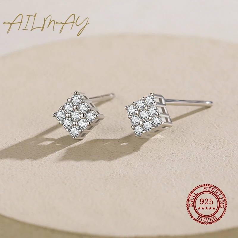 Ailmay Real 925 Sterling Silver Shining Zircon Square Stud Earrings For Women Wedding Engagement Fine Jewelry Gift
