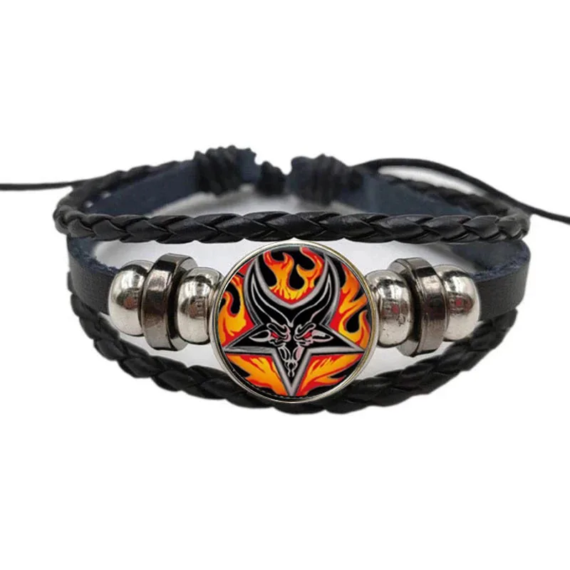 Black Classic Five-Pointed Star Bracelet Retro Goat Head Woven Leather Bracelet Men\'S Wristband Satan Demon Mysterious Jewelry