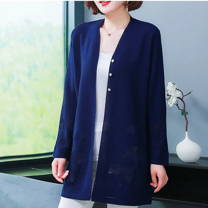 High Quality Ice Silk Knitting Cardigan Female Thin Shawl Knitted Coat Large Size Middle-aged Elderly Women Cardigan Jacket 6XL