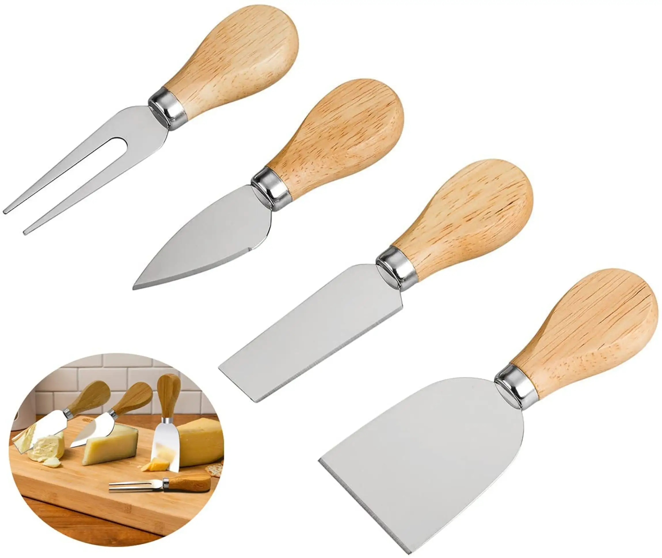 

4PCS Cheese Knife with Bamboo Handle KitchenKnives Acacia Wood Rubber Kitchen Accessories Home Supplies Drop Ship Directly