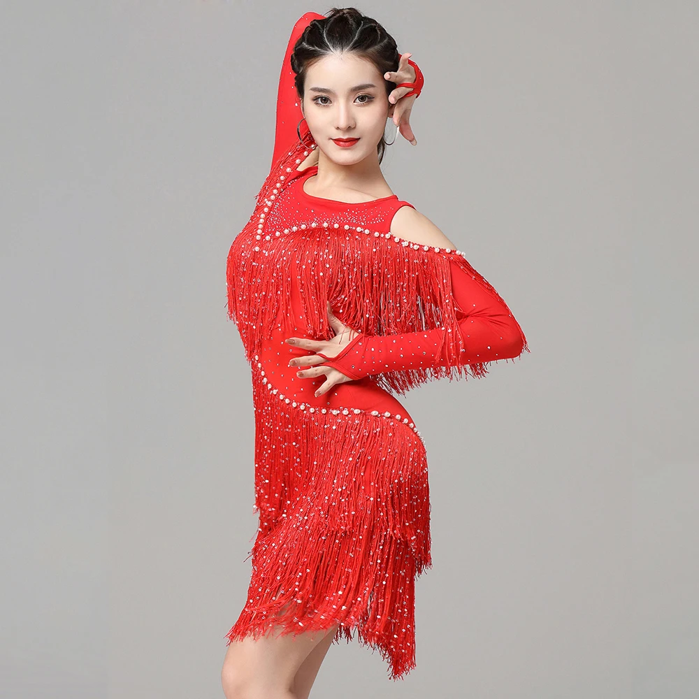 Sexy One-Piece Latin Dance Dresses Off Shoulder Gilrs Salsa Samba Sling Stretchy Dress Long Sleeves Fringes Competition Costume