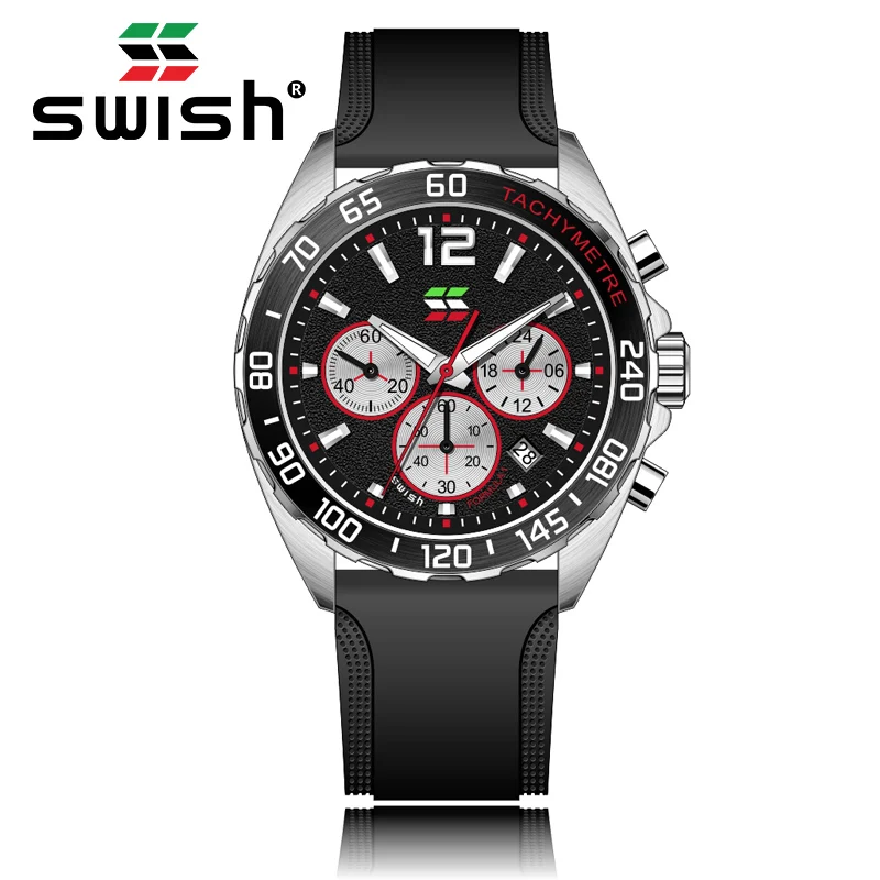 SWISH Green Sport Quartz Watch Men Chronograph Minute 24 Hours Calendar Date Waterproof Rubber Band Gift Wristwatch Box