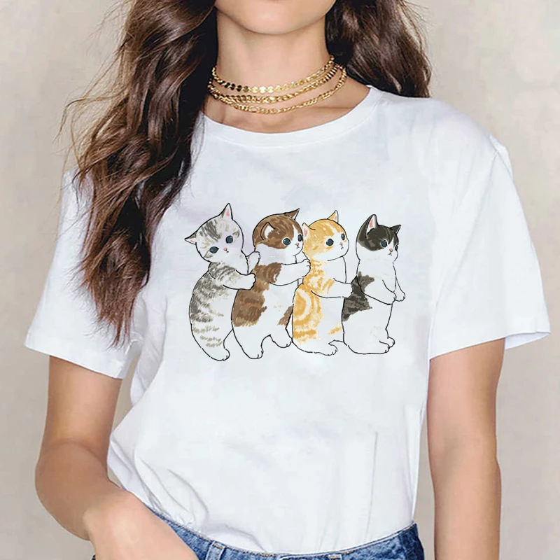 

4 Cats line up Print Women t-shirts Plus Size Summer Short Sleeve O-Neck TShirt Tops 2024 Cute Funny Tee Shirt