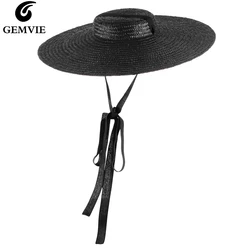 GEMVIE-sombrero de paja plano de ala ancha para mujer, gorra de playa con cinta, sombrero de sol a la moda con correa para la barbilla, 4 colores