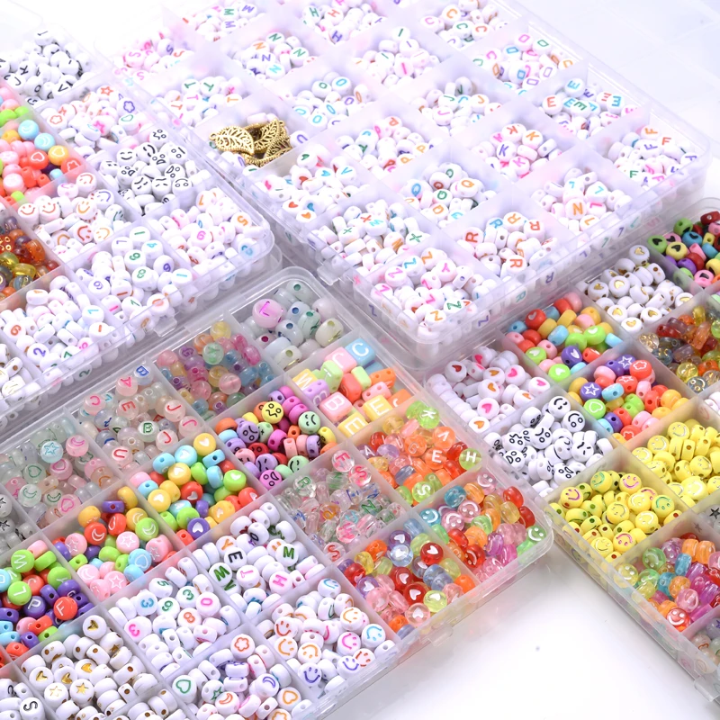 

1200Pcs/Lot DIY Bracelet Jewel Making Accessories Square Acrylic English Letter Beads Round Plastic Alphabet Loose Bead Box