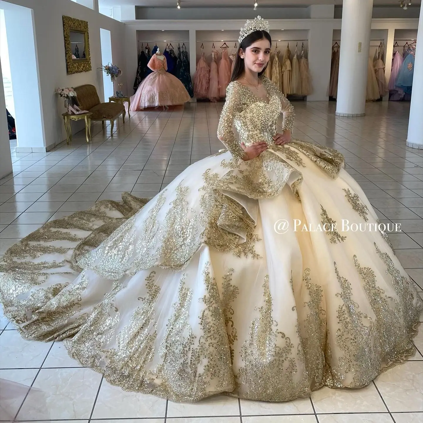 فستان حفلة بأكمام طويلة من Quinceanera ، فساتين شامبانيا ، مزين بأربطة ، ملابس حفلات ، فستان 16 حلو ، حفلة موسيقية