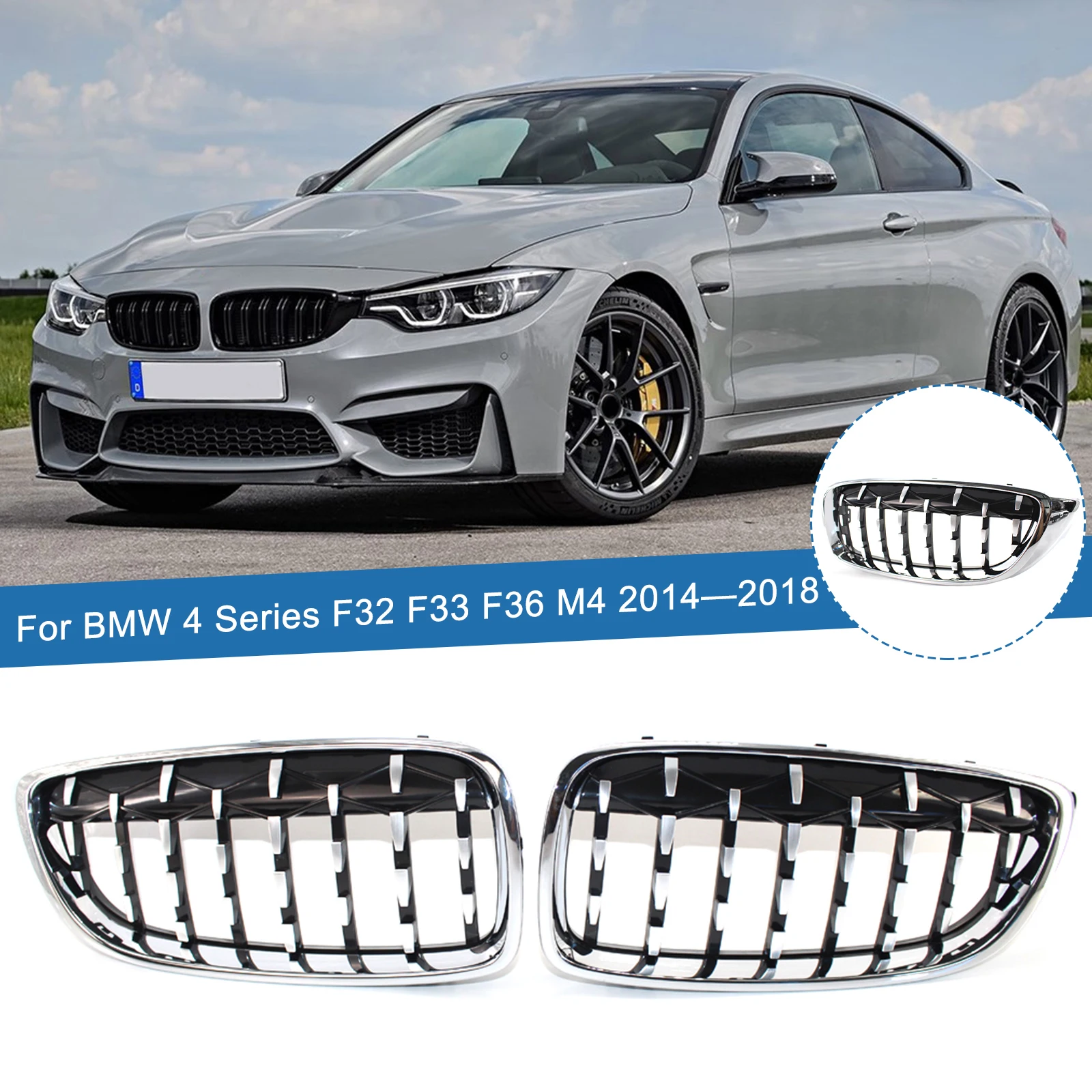 

1 Pair Full Silver Car Front Bumper Diamond Grilles Replacement Kidney Racing Grille For BMW 4 Series F32 F33 F36 M4 2014-2018