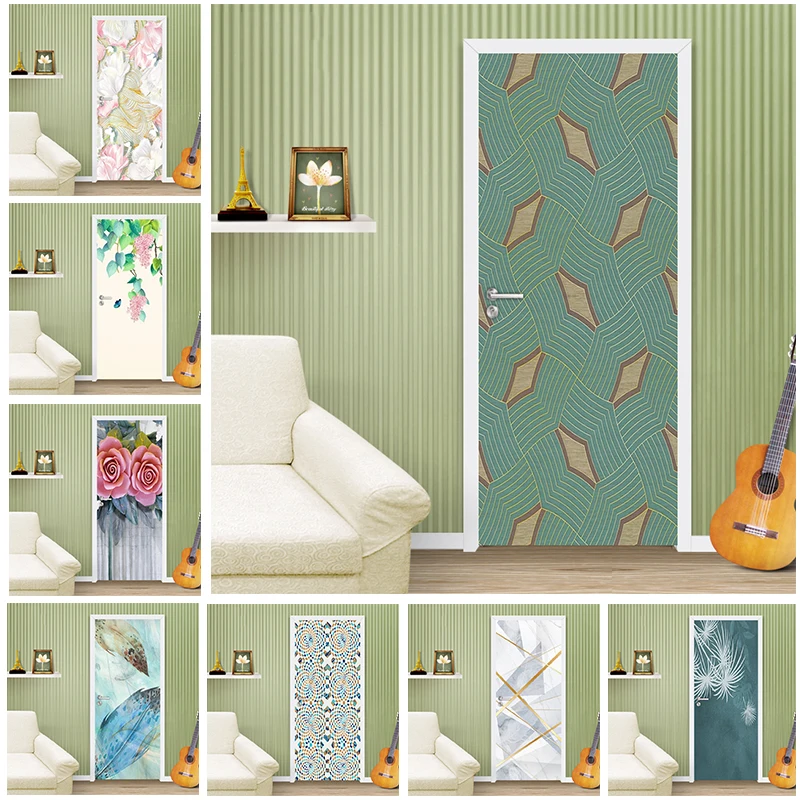 

Modern Abstract 3D Door Sticker Leaves Flowers Geometric Photo Mural Waterproof Self-adhesive PVC Stickers For Bedroom Decor