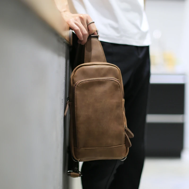 New Brand Men Chest Pack Strap Back Sling Bags PU Leather Travel Men Crossbody Bags Fashion Chest Bag