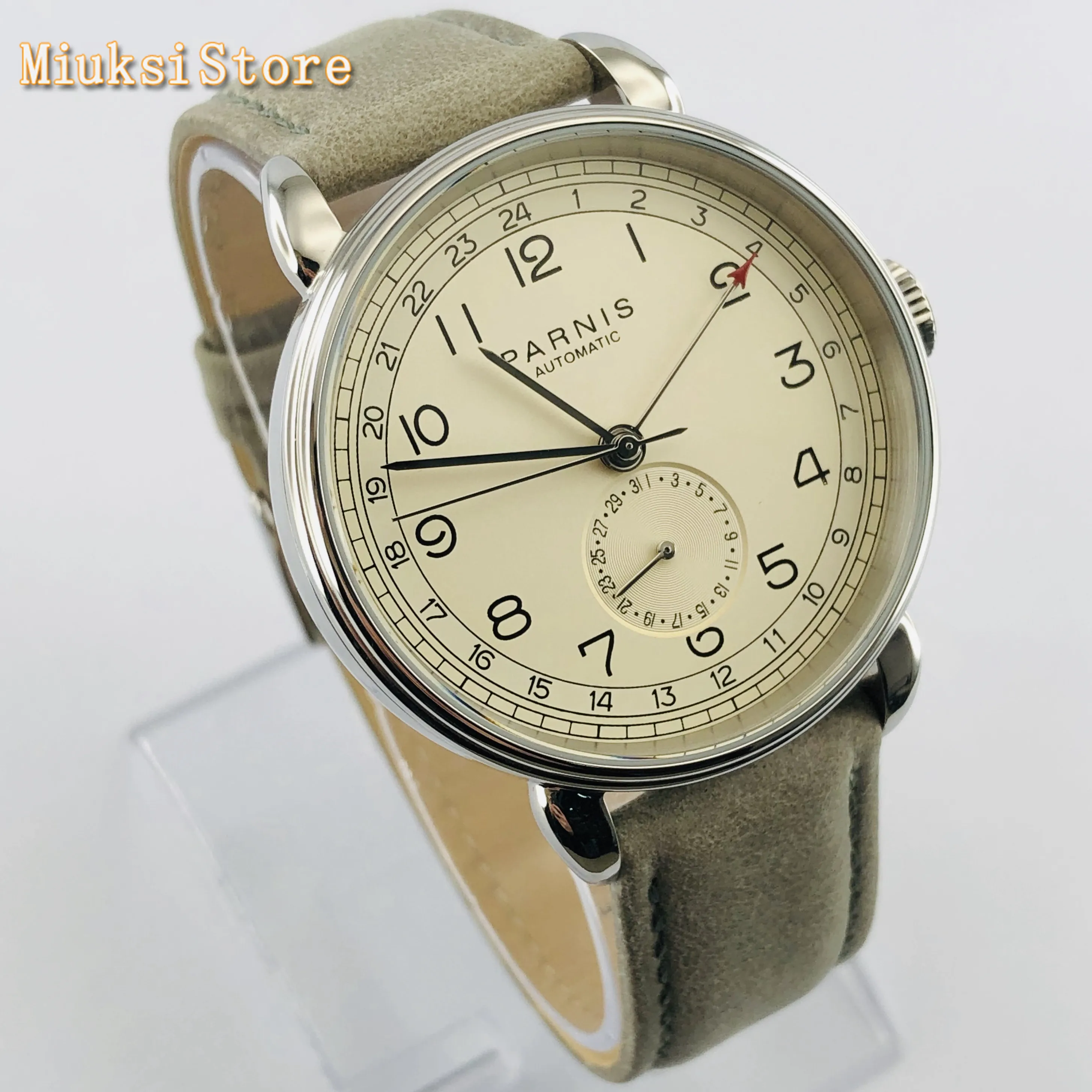 Parnis new top mens automatic mechanical watch 42mm silver case GMT arab mark date window leather mens watches