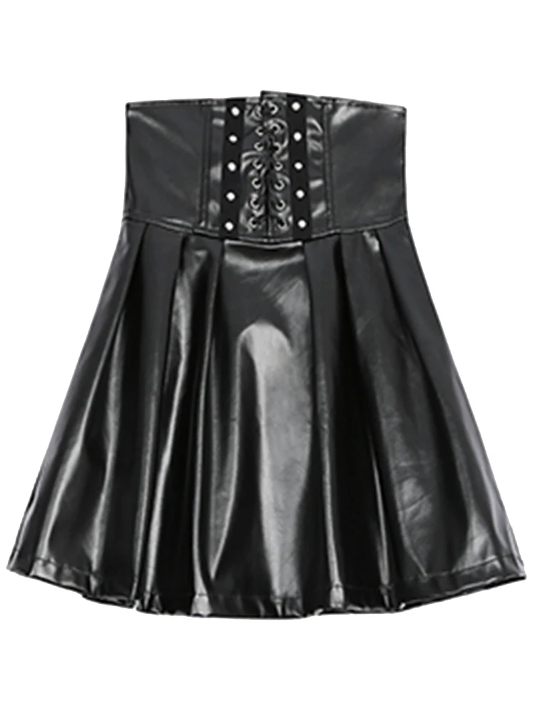 Lautaro printemps automne noir doux Pu cuir jupe plissée femmes taille haute Goth Vintage Style Punk luxe vêtements de créateur 2025