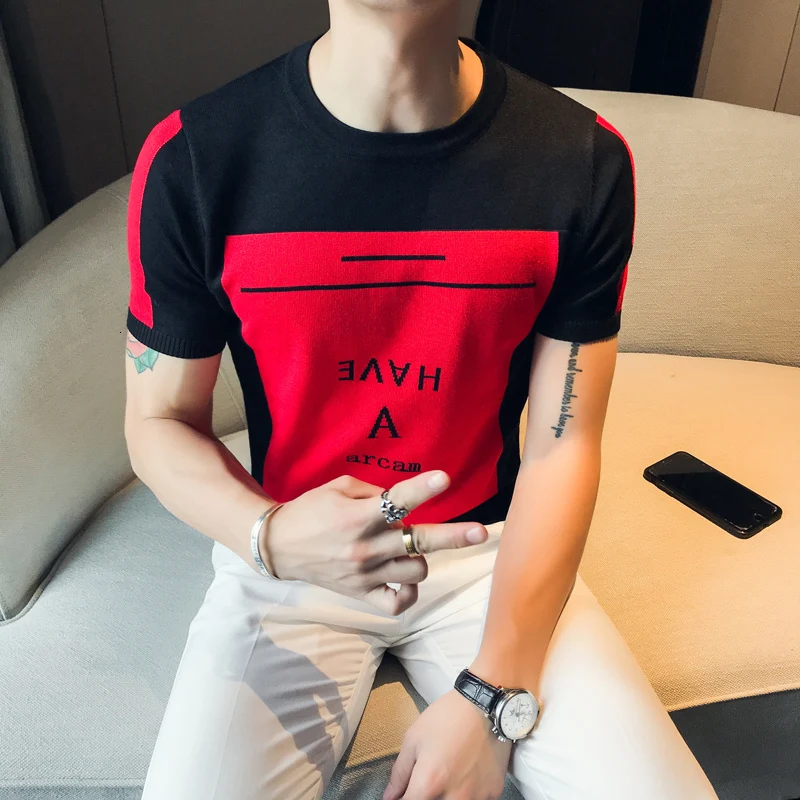 Camiseta Masculina Man Round Neck Short Sleeve Knitting Slim Fit Streetwear Social Club Outfits Hit Color Letter T Shirt