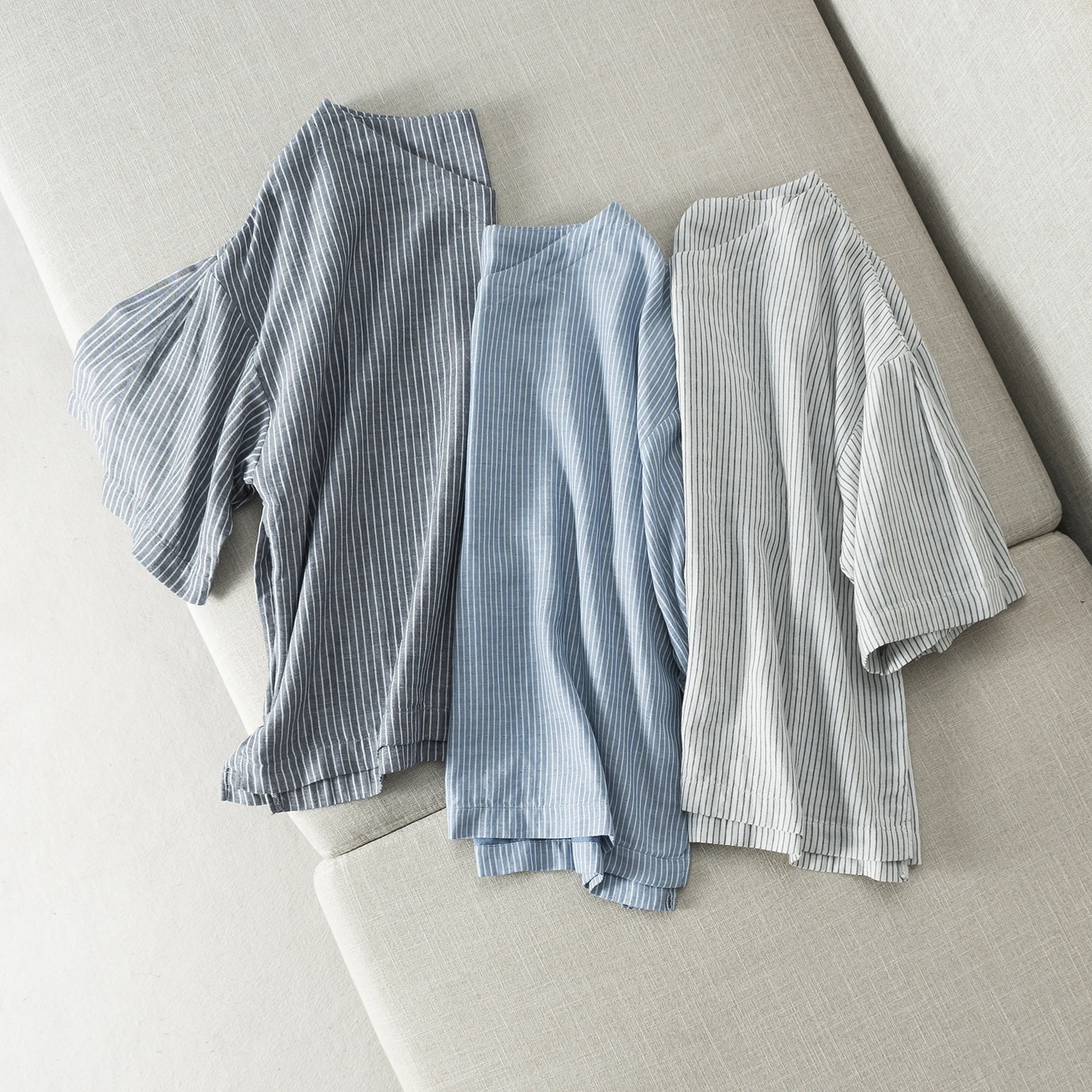 

Autumn Summer Women Brief Loose All-match Japan Style Striped Comfortable Breathable Water Washed Cotton Pullover Shirts/Blouses