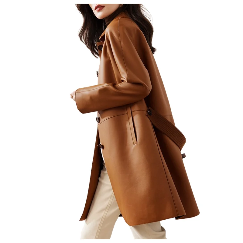 Women‘s Genuine Leather Coat, Mid Length, Sheepskin Trench Coat, Lapel Collar, Belt, Spring Autumn, OL Fashion Tops