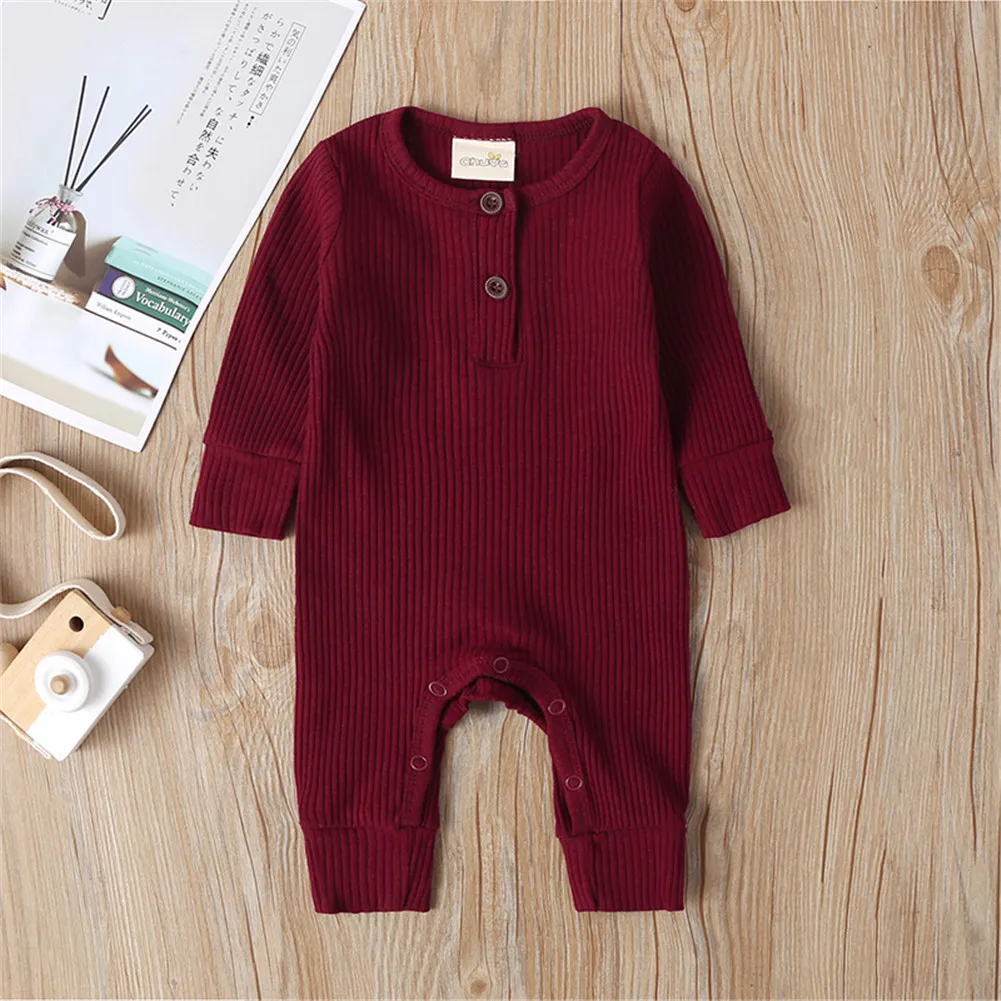 Spring Autumn Baby Clothes Newborn Infant Baby Boy Girl Cotton Blend Solid Romper Knitted Ribbed Jumpsuit Warm Outfit