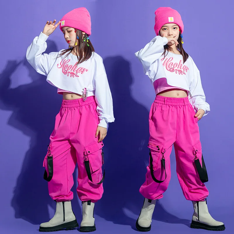 

Kid Kpop Hip Hop Clothing White Sweatshirt Crop Top Long Sleeve Pink Tank Streetwear Tactical Cargo Pants for Girl Dance Costume