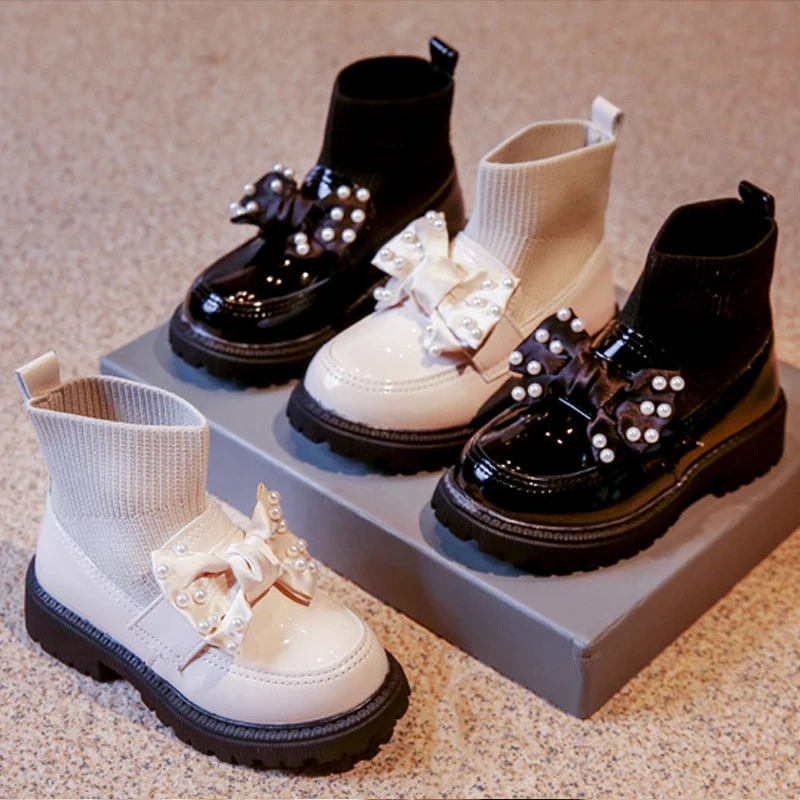 

Children Socks Boots Princess Girls Butterfly Knot Beading Patent Leather Boots Fashion Autumn Platform Rubber Kids Spring Shoes