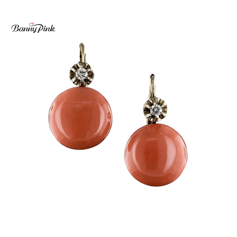 Banny Pink Tribal Delicate Round Orange Stone Stud Earring For Women Retro Coral Color Ear Fashion Jewelry