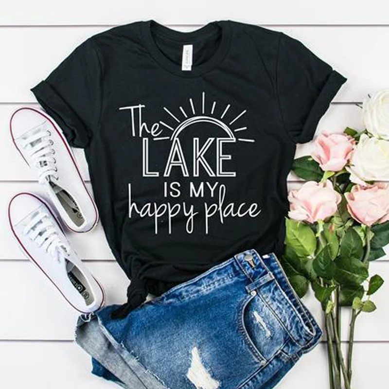 

cute Women Tumblr Hipster Graphic Funny Vacay Tees Tops The Lake Is My Happy Place T-shirt Fancy Summer Vacation Beach Tshirt