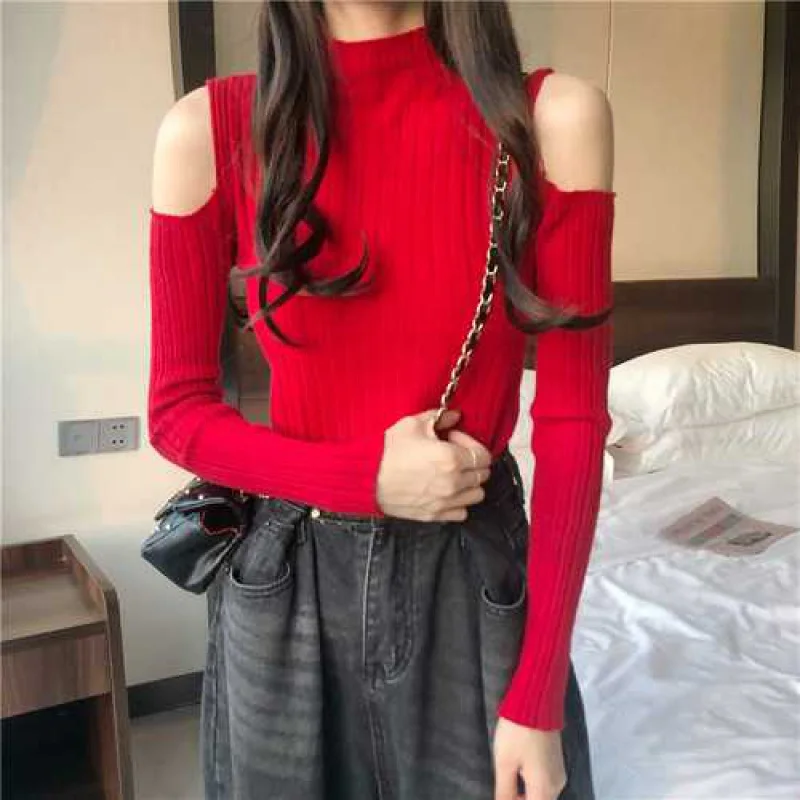 Sweater Women Turtleneck Off-shoulder sexy knit Orange short sweater 2020 Winter jumpers elegant solid Full slim pullover tops