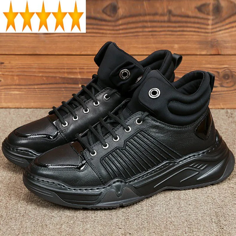 

Real Leather High-Top 100% Men Brand Platform Height Increasing Ankle Boots Street Lace Up Hip Hop Casual Black Shoes