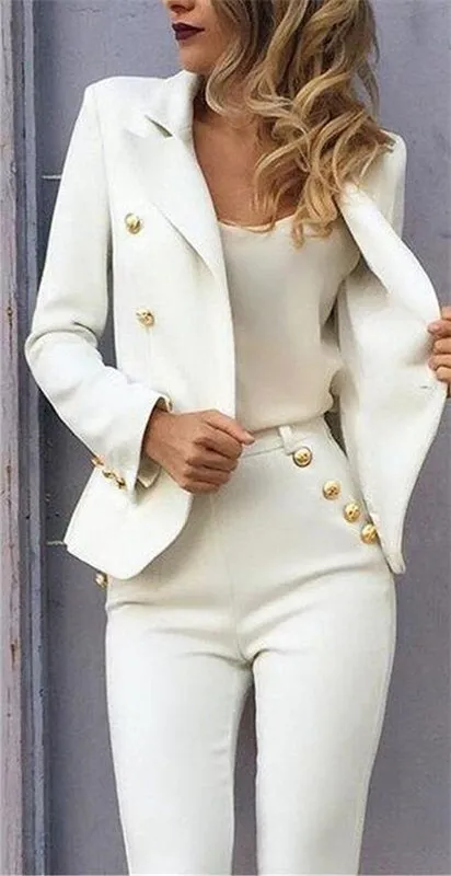 White Slim Fit Pant Suits Jacket+Pants Women Business Suits Blazer Formal Ladies Office Uniform Style Female Trouser Pant Suit