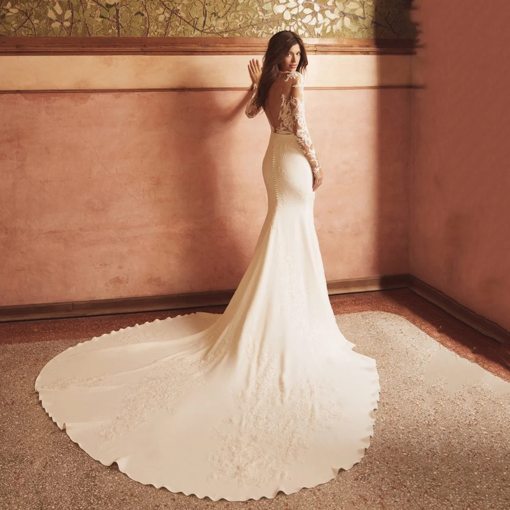 Elegant แขนยาวลูกไม้ Mermaid ชุดแต่งงาน Vestidos De Novia ภาพเซ็กซี่ Backless Court รถไฟ Appliques ชุดเจ้าสาว