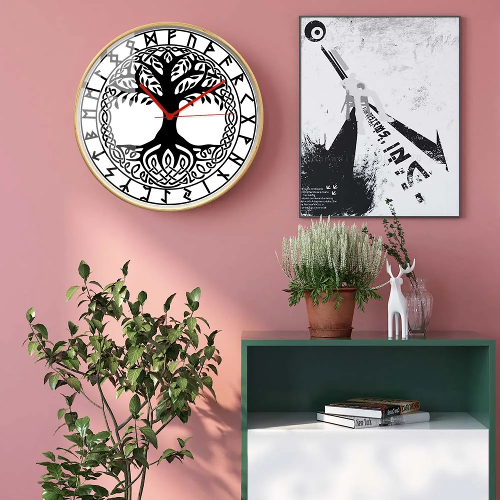 Yggdrasil With Futhark Runes Modern Design Round Wall Clock Viking Home Décor Yggdrasil Rune Circle Norse Symbol Wood Wall Watch