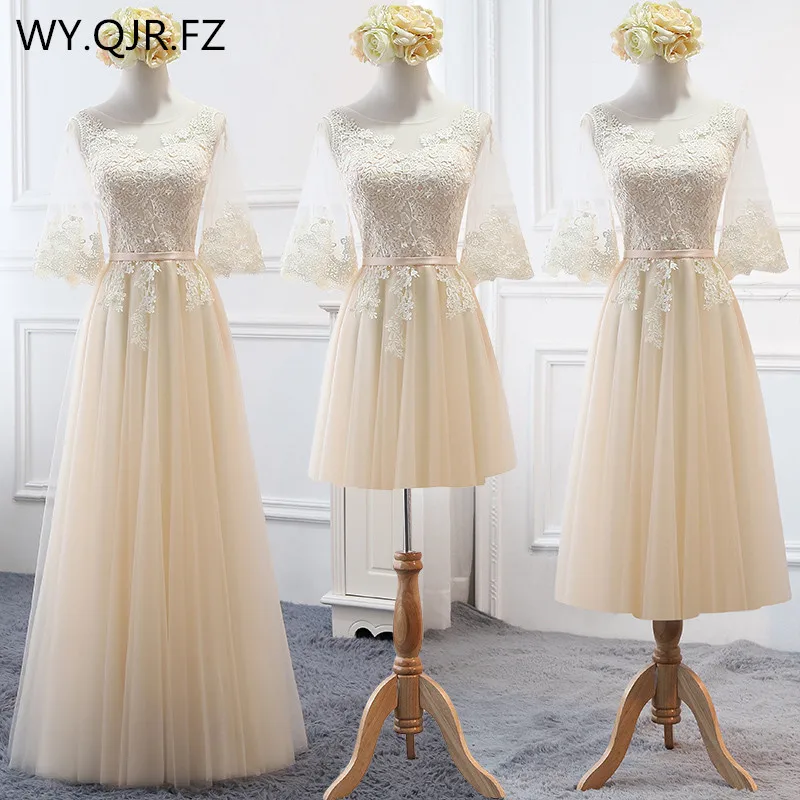 MNZ-2617#Embroidered Champagne Bridesmaid's Dresses Long Lace up Middle sleeve Marriage Sister Christmas Dress Girls Wholesale