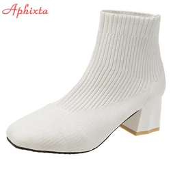 Aphixta 2022 Diamond Square Heels Socks Boots Women Beige Stretch Fabric Elastic Short Ankle Boots Shoes Woman Boats