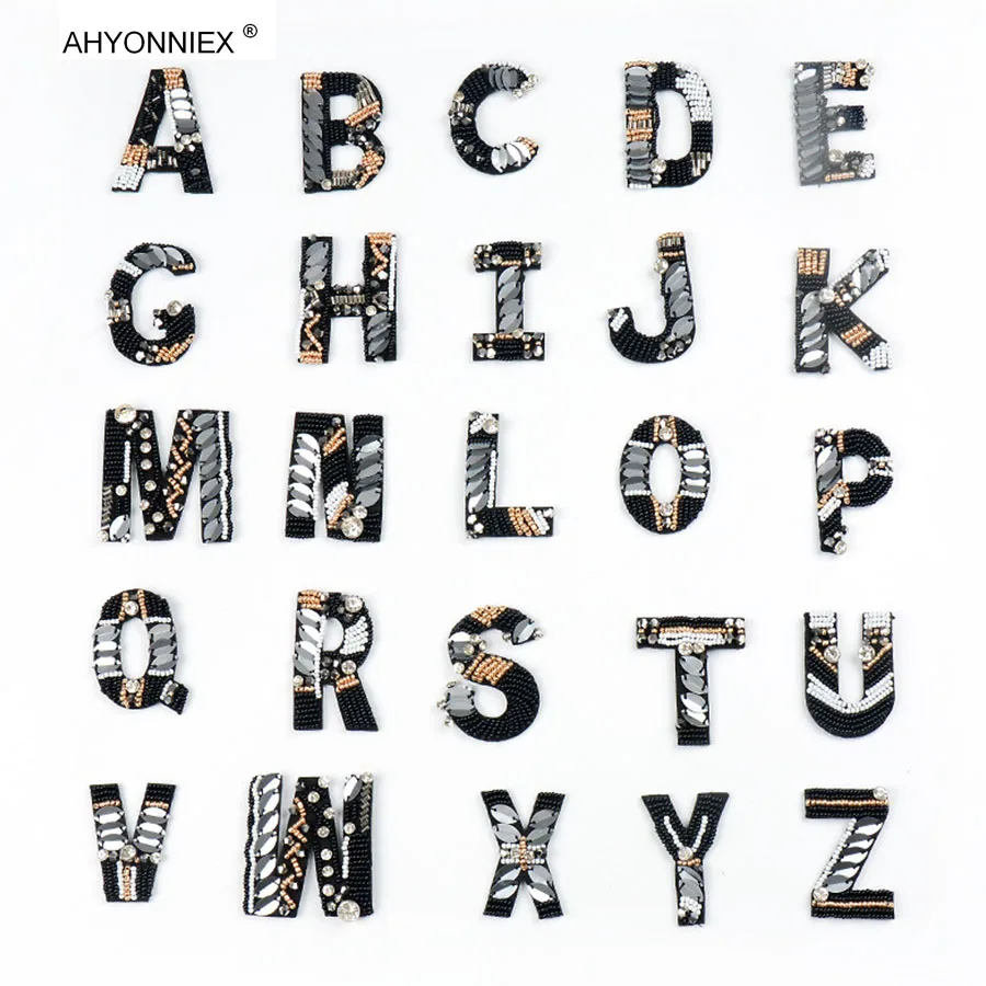 1PC AHYONNIEX New Fashion English Letters Alphabet Rhinestones Beads Patch Sew On Applique Clothes Bags Decoration DIY Stickers