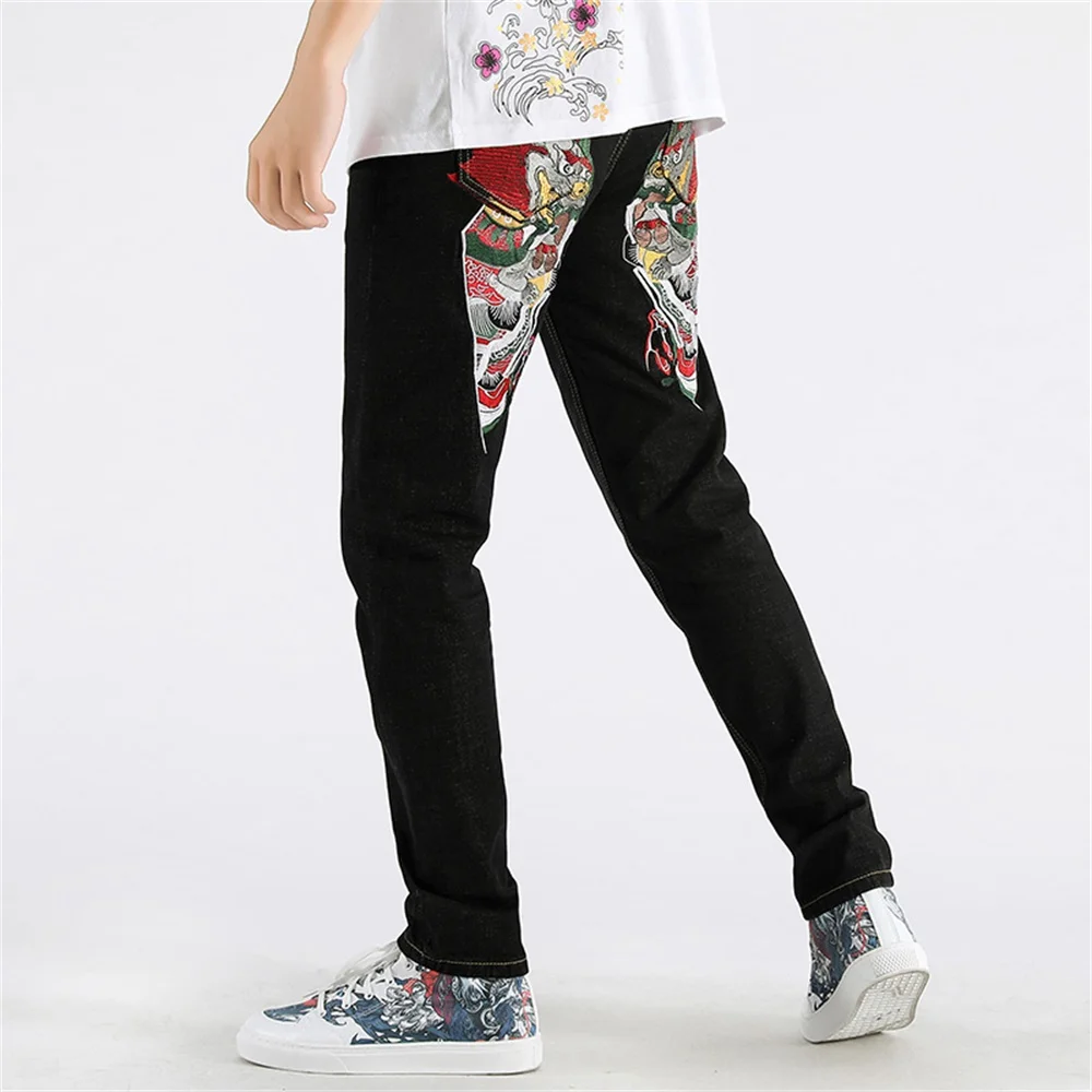 EH·MD® New Double Lion Embroidered Jeans Men's Chinese Retro Small Straight Loose Fashion Large Size Black Trousers Golden Silk