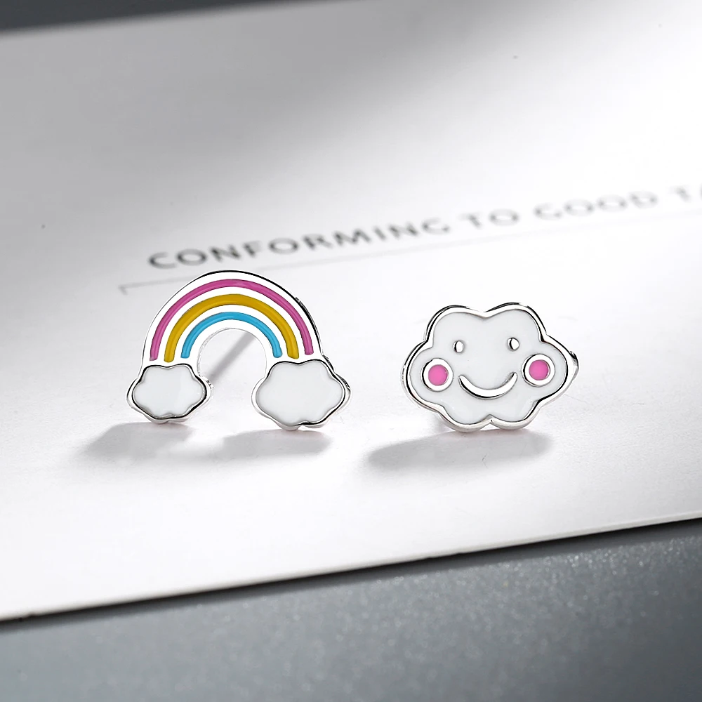 Real Pure 925 Sterling Silver Stud Earring for Women Cute Korean and Japanese Ear Pierced Could Rainbow Earrings Kids Girl