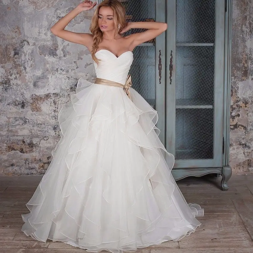 

Sweetheart Corset Wedding Dresses Ruffled Organza Custom Made Puffy Bridal Gown with Sashes Plus Size Robe de Mariee