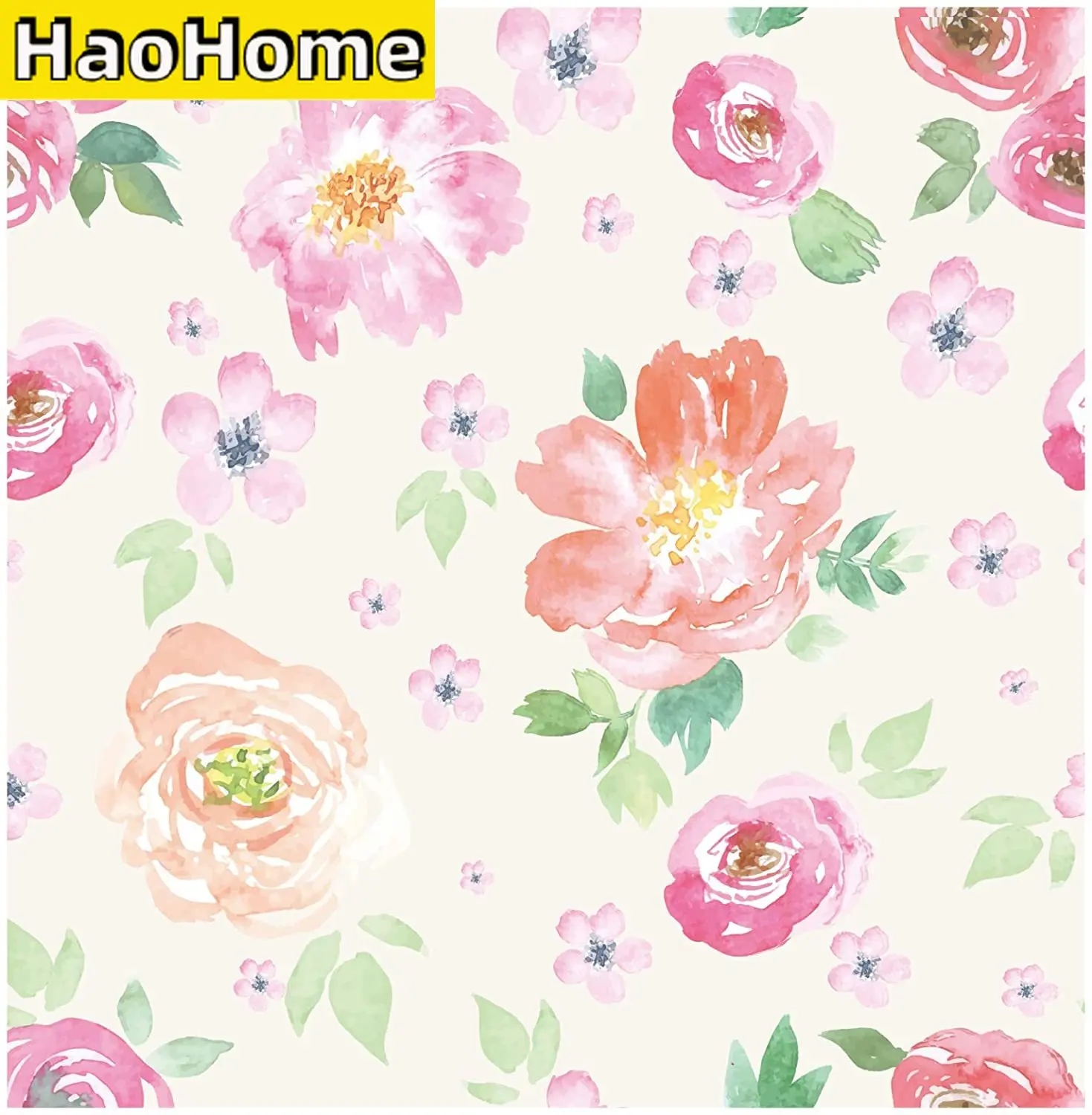 HaoHome Peel and Stick Wallpaper Handpainting Seamless Watercolor Peony Flower Green Leaves Self-Adhesive Prepasted Wallpaper